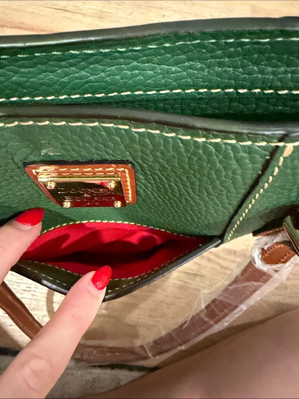 Dooney & Bourke Green Pebbled Leather Tote with Brown Straps